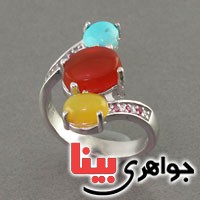 انگشتر چند جواهر عقیق یمن، فیروزه و شرف الشمس رودیوم زنانه _کد:18437