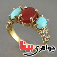 انگشتر چند جواهر عقیق یمنی و فیروزه نیشابوری زنانه _کد:18704