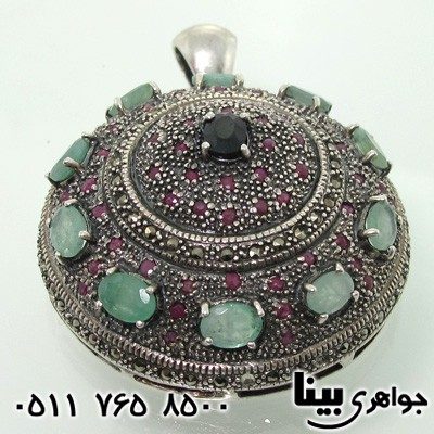 گردنبند چند جواهر یاقوت و زمرد زنانه طرح ترکمن