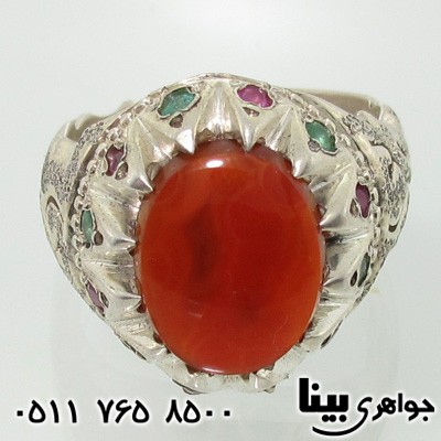 انگشتر چند جواهر عقیق دور یاقوت و زمرد مردانه یا علی