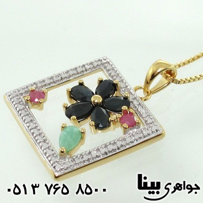 گردنبند چند جواهر الماس و یاقوت و زمرد زنانه قاب گل
