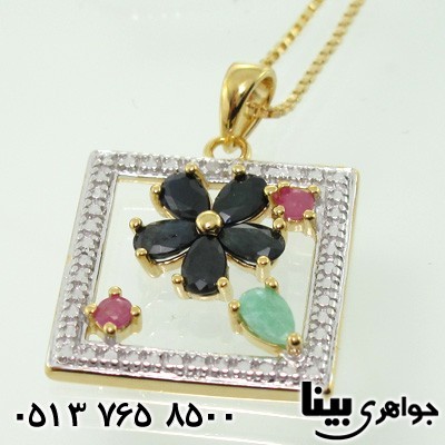 گردنبند چند جواهر الماس و یاقوت و زمرد زنانه قاب گل