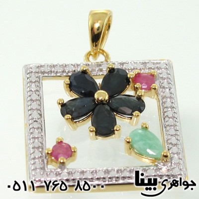 گردنبند چند جواهر الماس و یاقوت و زمرد زنانه قاب گل