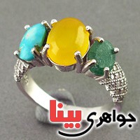انگشتر عقیق شرف الشمس ,فیروزه و زمرد بسیار زیبا _کد:19452