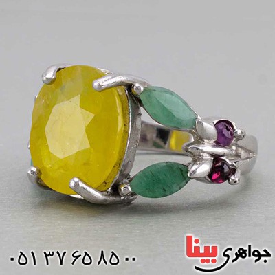 انگشتر یاقوت زرد و زمرد طرح لاله برند SPN _کد:19779