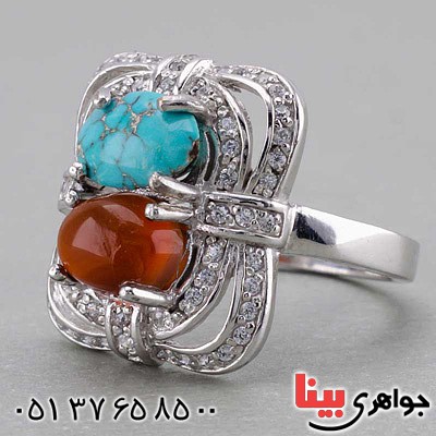 انگشتر فیروزه نیشابوری و عقیق یمنی مدل سوئیسی برند SPN _کد:19946