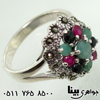 انگشتر چند جواهر یاقوت و زمرد زنانه کلاسیک
