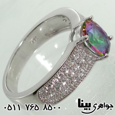 انگشتر توپاز هفت رنگ نگین سولیتر بیضی