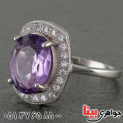 انگشتر آمتیست درشت خوشرنگ رودیوم زنانه