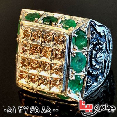 انگشتر الماس دور زمرد بسیار فاخر مردانه _کد:20959