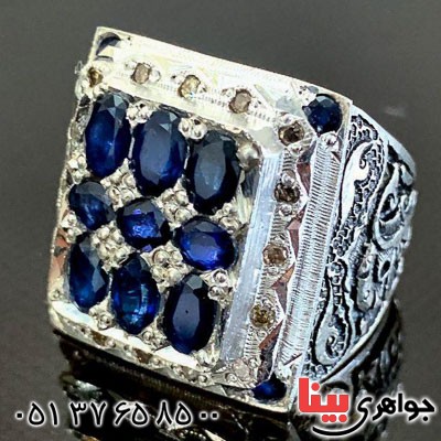 انگشتر یاقوت کبود دور الماس فاخر بسیار زیبا _کد:21035
