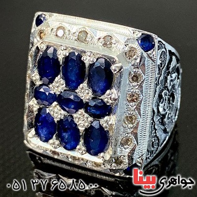 انگشتر یاقوت کبود دور الماس فاخر بسیار زیبا _کد:21067