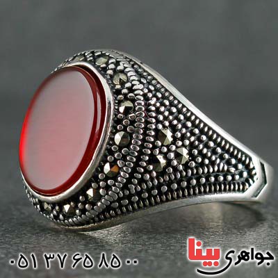 انگشتر عقیق قرمز و حدید مارکازیتی میکروستینگ _کد:21150
