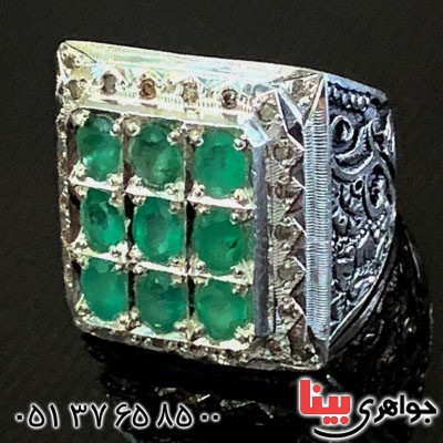 انگشتر زمرد دور الماس درشت خوشرنگ مردانه فاخر _کد:21177