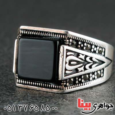 انگشتر عقیق سیاه (اونیکس) و حدید مارکازیتی میکروستینگ _کد:21190