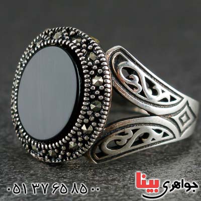 انگشتر عقیق سیاه (اونیکس) و حدید مارکازیتی میکروستینگ _کد:21194