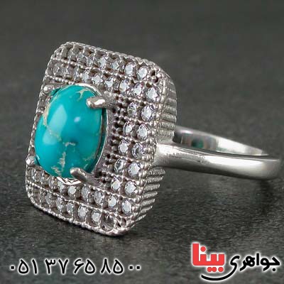 انگشتر فیروزه نیشابوری رودیوم خوشرنگ زنانه _کد:21393