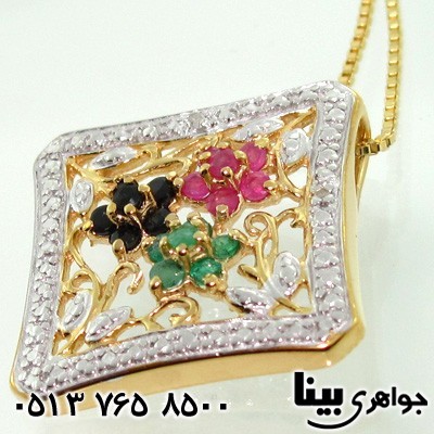 گردنبند چند جواهر یاقوت و زمرد سه گل زنانه