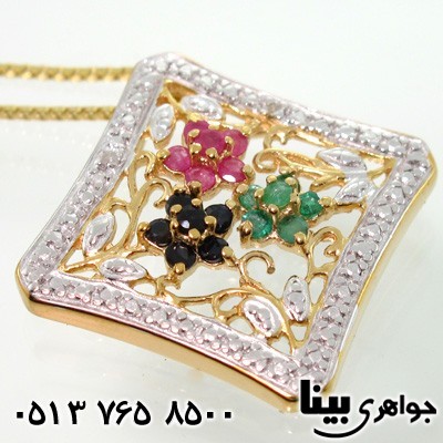 گردنبند چند جواهر یاقوت و زمرد سه گل زنانه