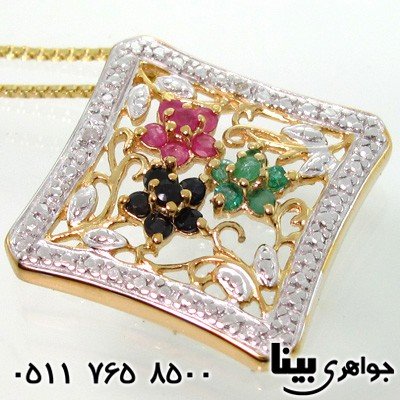 گردنبند چند جواهر یاقوت و زمرد سه گل زنانه