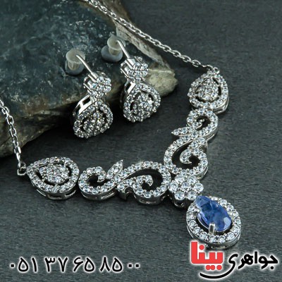 سرویس نقره فلاور پرنس با نگین خوشرنگ تانزانیت رودیوم زنانه _کد:22683