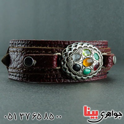 دستبند چند جواهر  آینه کاری با بند چرمی بسیار زیبا _کد:22685