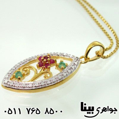 گردنبند چند جواهر یاقوت سرخ و زمرد شاخه گل