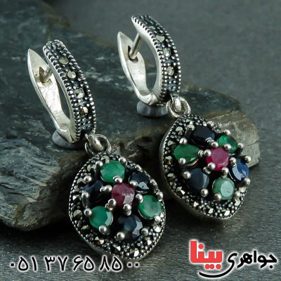 گوشواره چند جواهر یاقوت و زمرد مارکازیتی _کد:23057