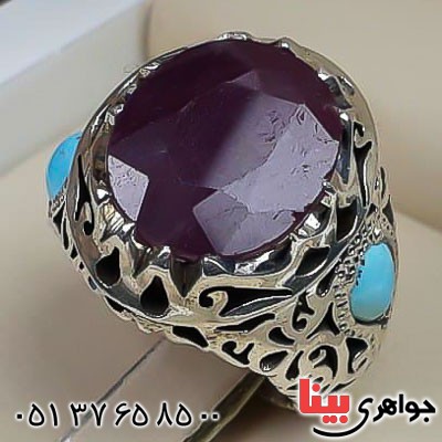 انگشتر یاقوت سرخ و فیروزه نیشابوری فاخر مردانه _کد:23125