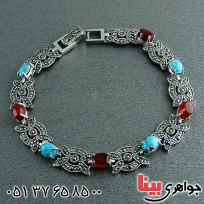 دستبند عقیق یمنی و فیروزه نیشابوری مارکازیت _کد:23184