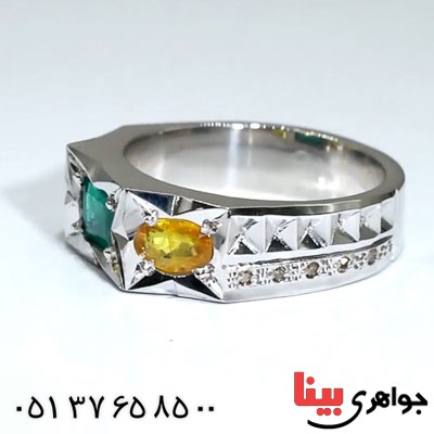 انگشتر چند جواهر زمرد و یاقوت زرد دور الماس _کد:23327