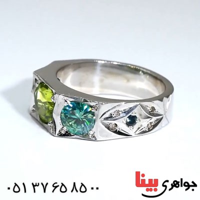 انگشتر چند جواهر موزانایت و زبرجد لوکس مردانه _کد:23328