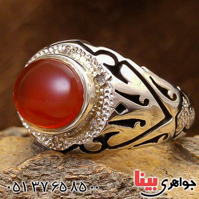 انگشتر عقیق یمنی سرخ دست ساز دور برلیانی _کد:23338