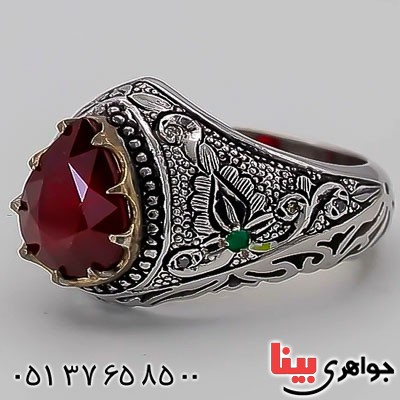 انگشتر یاقوت سرخ دست ساز فاخر و دور الماس مردانه _کد:23409