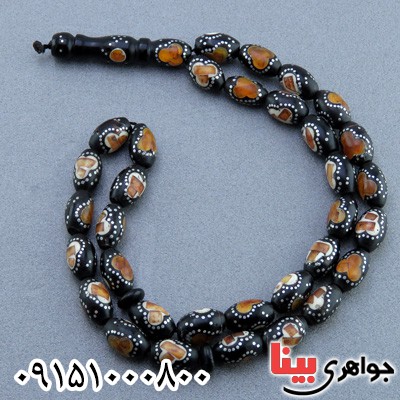 تسبیح یسر 33 دانه ای مصری میخکوب و مرصع کهربا و صدف _کد:23792