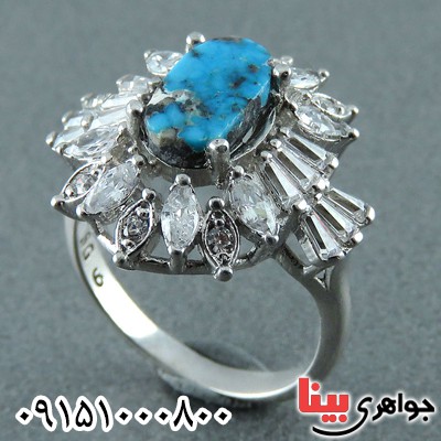 انگشتر فیروزه نیشابوری رودیوم زنانه _کد:23903
