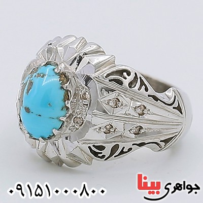 انگشتر فیروزه نیشابوری  دوربرلیان خاص فاخر مردانه _کد:24018