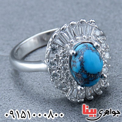 انگشتر فیروزه نیشابوری خاص و شیک رودیوم زنانه