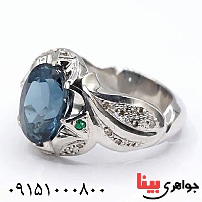 انگشتر توپاز دور الماس و زمرد خوشرنگ مردانه _کد:24557