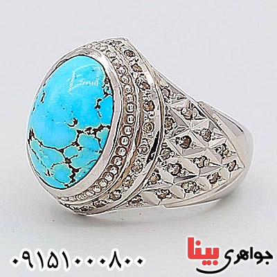 انگشتر فیروزه نیشابوری و الماس دست ساز فاخر مردانه _کد:24647