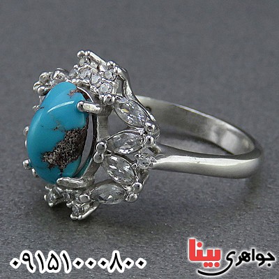 انگشتر فیروزه نیشابوری خوشرنگ و خاص رودیوم _کد:24689