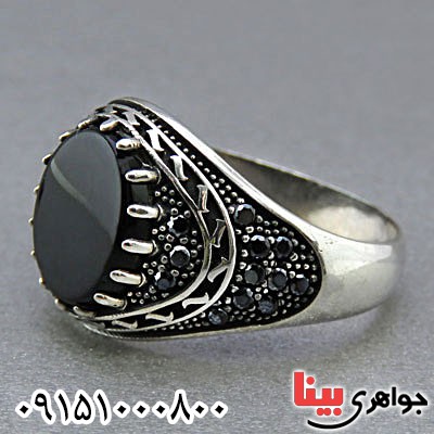 انگشتر عقیق سیاه (اونیکس) میکروستینگ طرح ترک مردانه _کد:24807