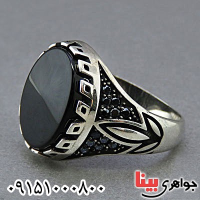 انگشتر عقیق سیاه (اونیکس) میکروستینگ مردانه خاص طرح ترک _کد:24822