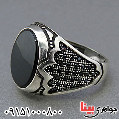 انگشتر عقیق سیاه (اونیکس) میکروستینگ مردانه خاص طرح ترک _کد:24832