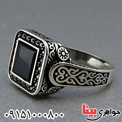 انگشتر عقیق سیاه (اونیکس) مردانه میکروستینگ طرح ترک بسیار زیبا _کد:24860