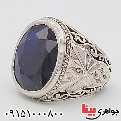انگشتر یاقوت کبود و الماس مردانه دست ساز فاخر _کد:25467