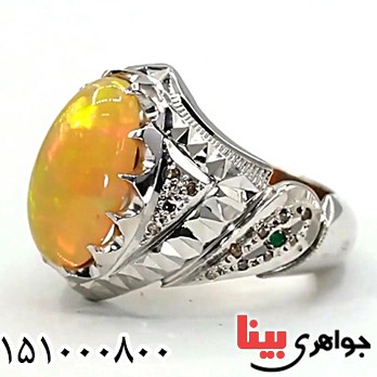 انگشتر اوپال دور الماس دست ساز فاخر مردانه خوشرنگ _کد:25616