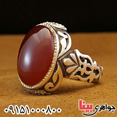 انگشتر عقیق یمنی سرخ دست ساز و دور برلیان مردانه