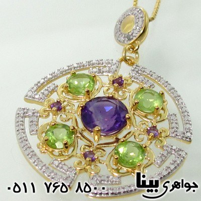 گردنبند چند جواهر درشت آمتیست، زبرجد و الماس