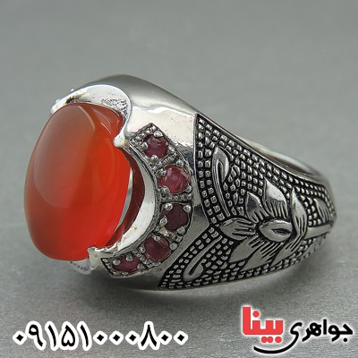 انگشتر عقیق یمنی فاخر دور یاقوت مردانه _کد:27363
